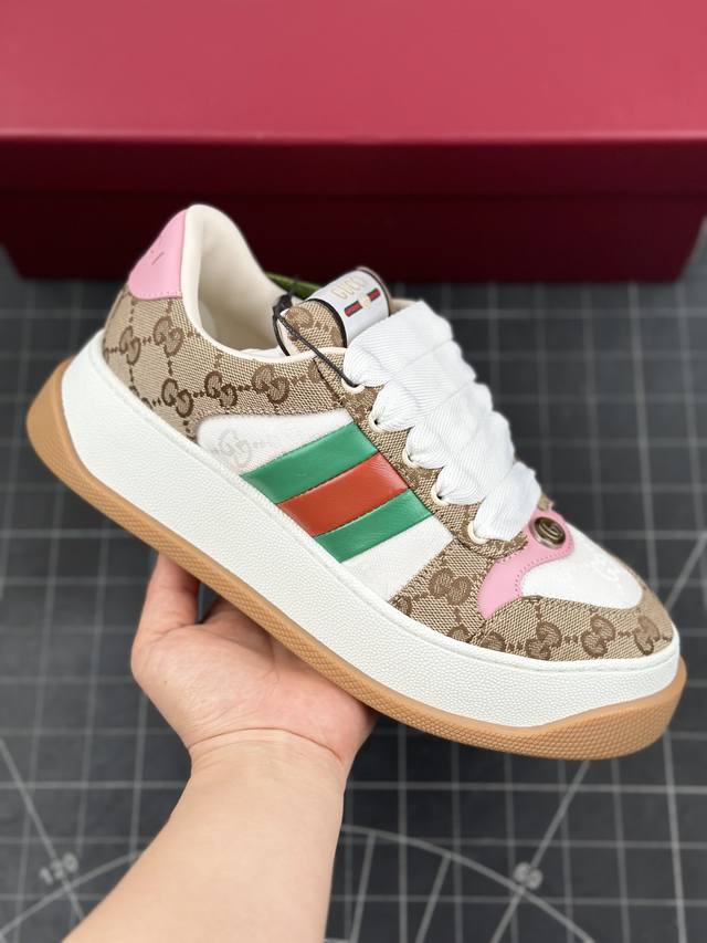 Gucci 2024最新情侣款胖嘟嘟小脏鞋~~厚底鞋~~休闲鞋~~运动鞋~~ 鞋面牛皮拼接经典双g布面料，头层羊皮内里，垫脚乳胶注塑一体，私模6Cm厚tpu双