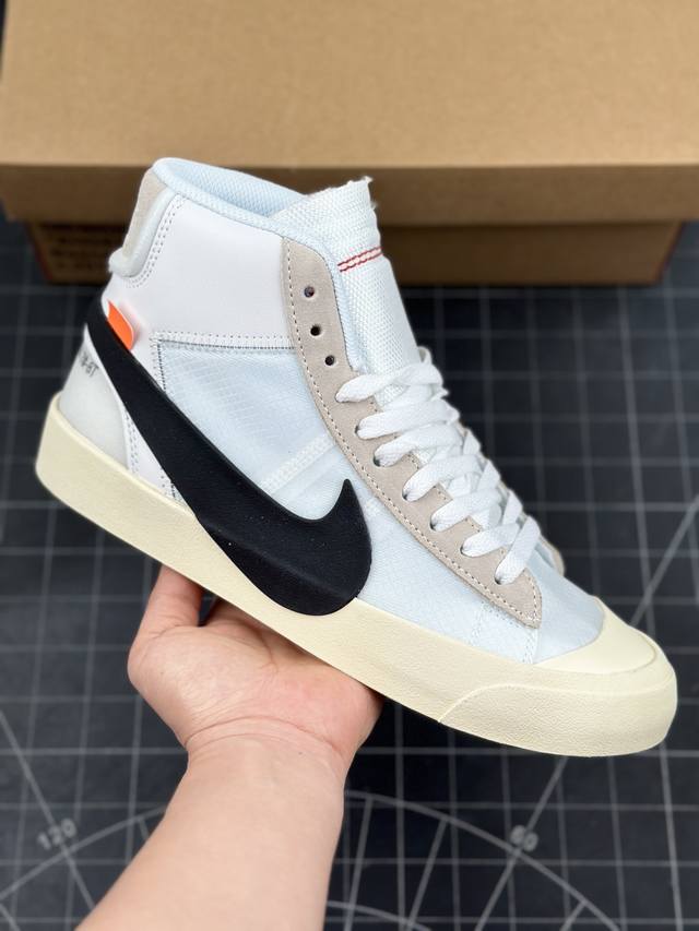 公司级耐克off-White X Nike Blazer Mid Ow 联名开拓者 经典高帮百搭板鞋 唯一还原官方细节#内测噪边字体 比对原鞋不断调试#橙色方块