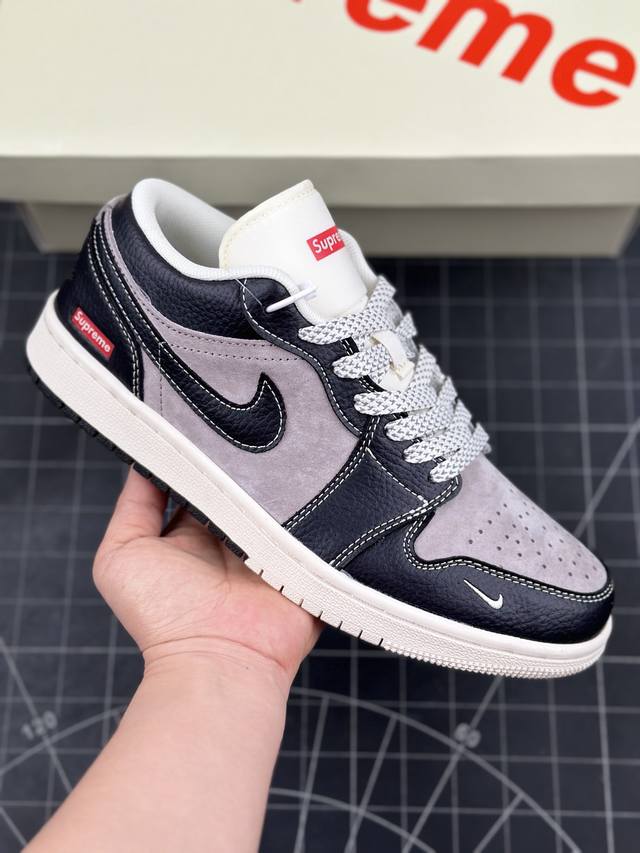 Air Jordan 1 Low Supreme联名-黑灰猪八双拼 高端定制 低帮复古篮球鞋 #定制鞋盒 大厂纯原品质出货 超高清洁度 皮料切割干净无任何毛边