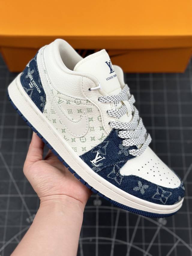 Air Jordan 1 Low Aj1 乔1Lv联名-米蓝 高端定制 低帮复古休闲板鞋 #定制鞋盒 大厂纯原品质出货 超高清洁度 皮料切割干净无任何毛边 细节