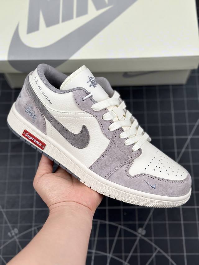 Air Jordan 1 Low Aj1 乔1 斯图西联名-灰白双拼红标 高端定制 低帮复古篮球鞋 #定制鞋盒 大厂纯原品质出货 超高清洁度 皮料切割干净无任何