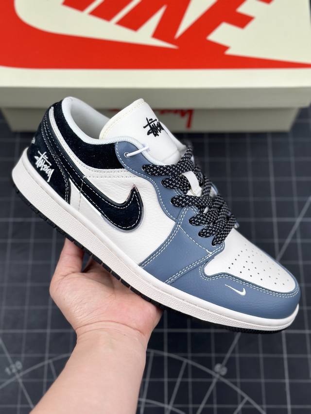 Air Jordan 1 Low Aj1 乔1 斯图西联名-蓝白黑底 高端定制 低帮复古篮球鞋 #定制鞋盒 大厂纯原品质出货 超高清洁度 皮料切割干净无任何毛边