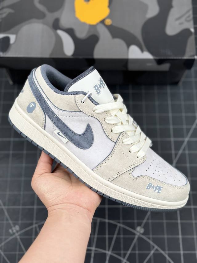 Air Jordan 1 Low Aj1 乔1 Bape联名-全猪八浅咖灰勾 高端定制 低帮复古篮球鞋 #定制鞋盒 大厂纯原品质出货 超高清洁度 皮料切割干净无