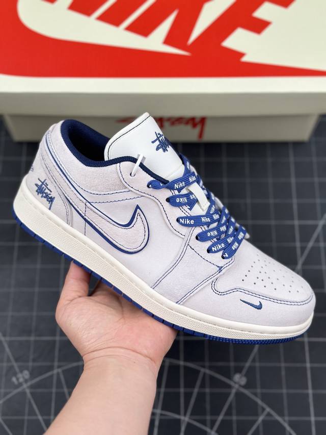 Air Jordan 1 Low Aj1 乔1 斯图西联名-全猪八灰蓝线条 高端定制 低帮复古篮球鞋 #定制鞋盒 大厂纯原品质出货 超高清洁度 皮料切割干净无任