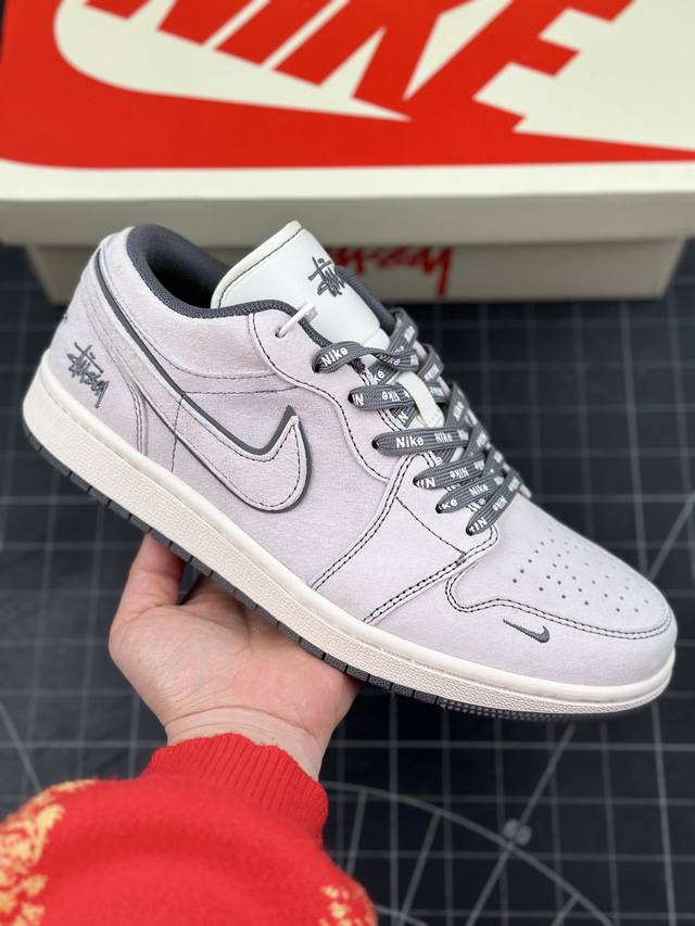 Air Jordan 1 Low Aj1 乔1 斯图西联名-全猪八灰线条 高端定制 低帮复古篮球鞋 #定制鞋盒 大厂纯原品质出货 超高清洁度 皮料切割干净无任何