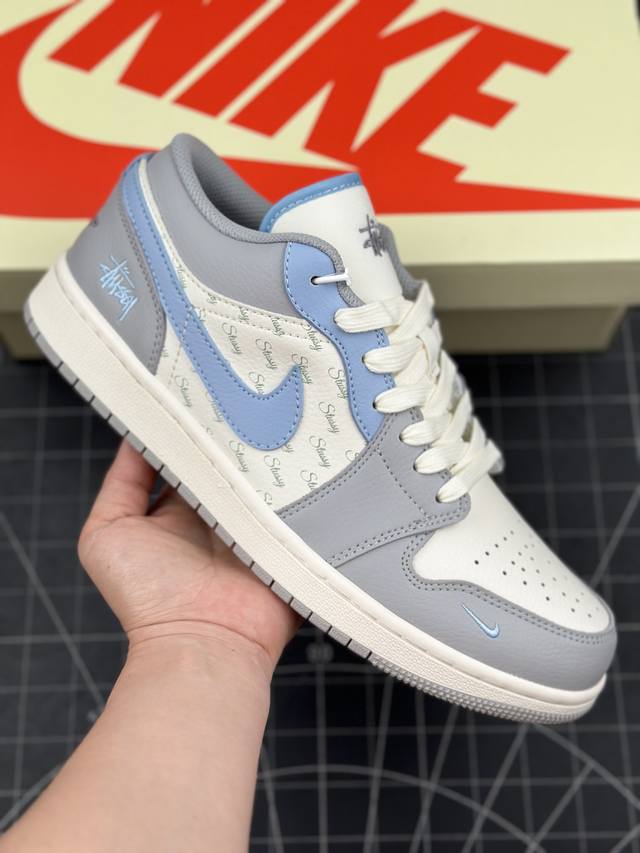 Air Jordan 1 Low Aj1 乔1 斯图西联名-烟灰蓝 高端定制 低帮复古篮球鞋 #定制鞋盒 大厂纯原品质出货 超高清洁度 皮料切割干净无任何毛边