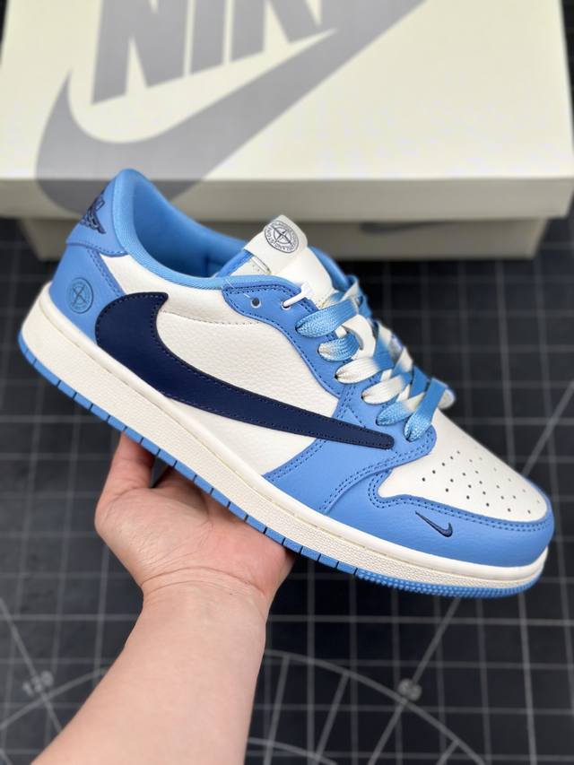 Travis Scott X Fragment Design X Air Jordan 1 Low Og Sp Aj1 乔1 石头岛联名-黑勾大学蓝 低帮文化休