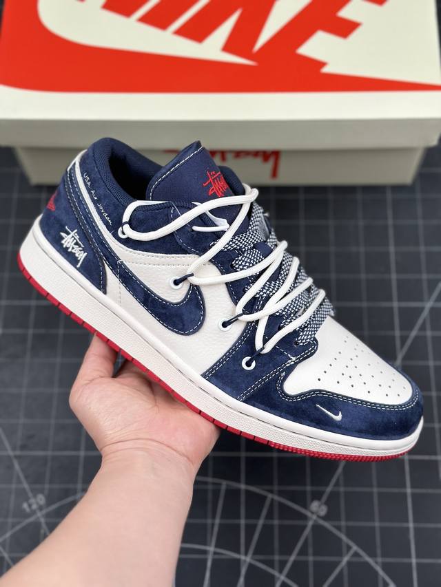 Air Jordan 1 Low Aj1 乔1 斯图西联名-蓝红抽绳 高端定制 低帮复古篮球鞋 #定制鞋盒 大厂纯原品质出货 超高清洁度 皮料切割干净无任何毛边