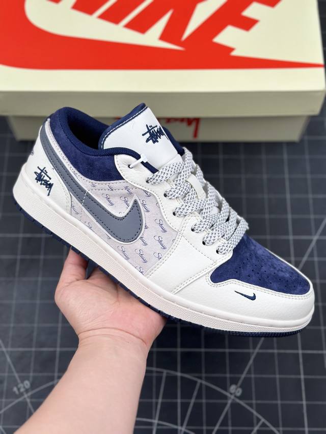 Air Jordan 1 Low Aj1 乔1 斯图西联名-灰勾英文 高端定制 低帮复古篮球鞋 #定制鞋盒 大厂纯原品质出货 超高清洁度 皮料切割干净无任何毛边