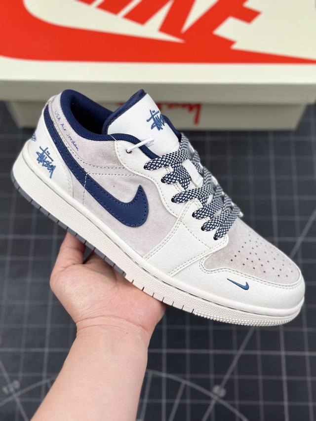 Air Jordan 1 Low Aj1 乔1 斯图西联名-灰蓝勾 高端定制 低帮复古篮球鞋 #定制鞋盒 大厂纯原品质出货 超高清洁度 皮料切割干净无任何毛边