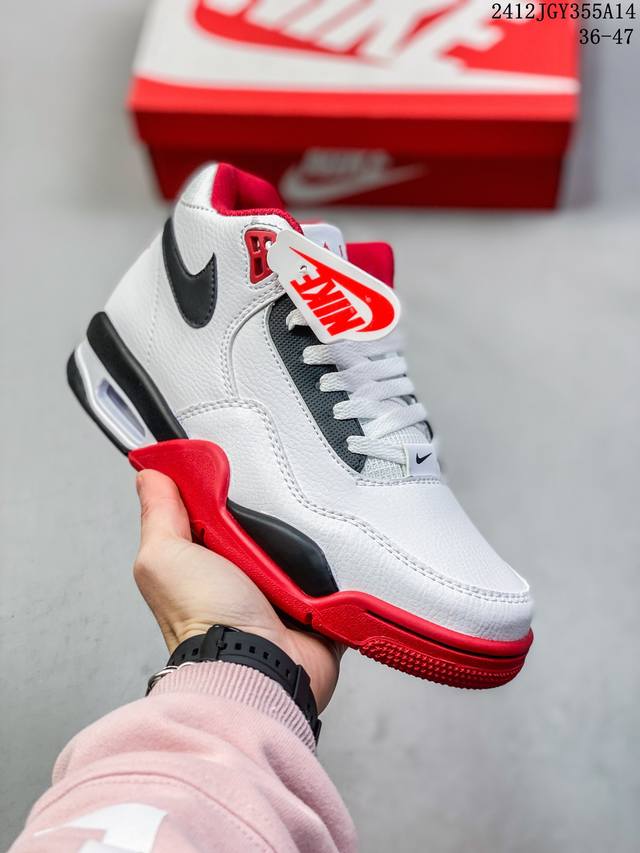 福利特价头层 耐克 89款 Nike Air Flight Legacy 89 红白 采用白色皮革鞋面，黑红色覆盖鞋舌，孔眼，Swooshes，脚跟品牌，饰边，