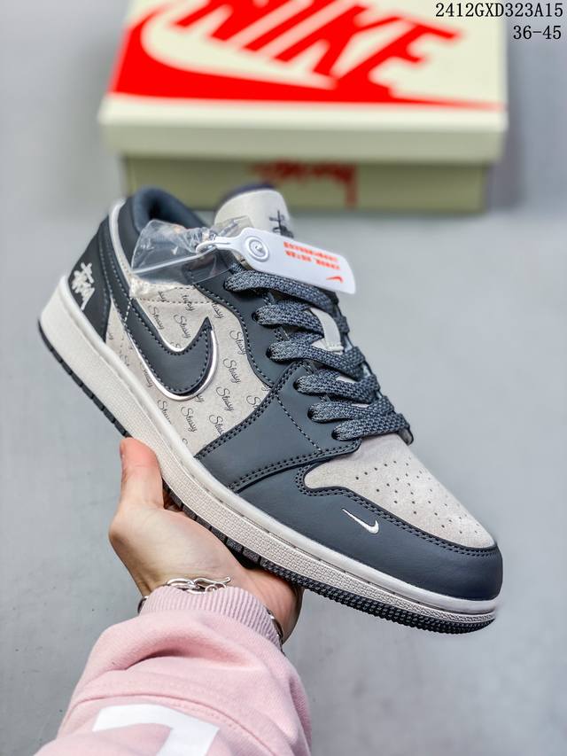 海外爆款限量发售！公司级 Nike Jordan Air Jordan 1“斯图西联名 信号黑” 高端定制 低帮 复古 减震 防滑 耐磨 篮球鞋 定制鞋盒 大厂