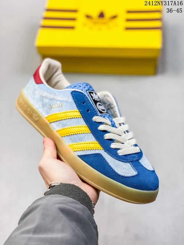 Adidas Originals X Gucci古驰 Gazelle 织物皮革 联名经典平底系带低帮板鞋男女款米棕 满印 尺码：36-45 编码：12Ny317