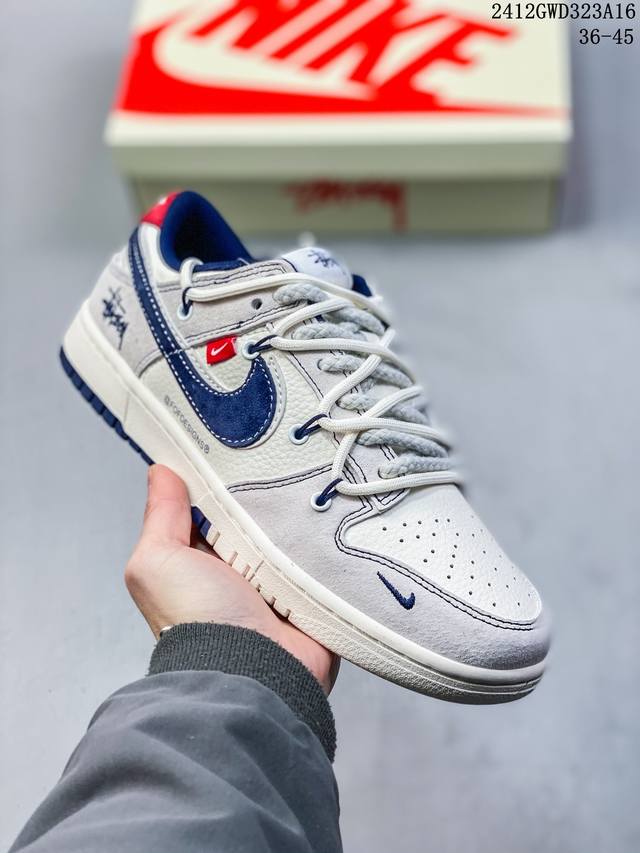 海外爆款限量发售！公司级 Nike Sb Dunk Low“斯图西联名 绑带灰白藏蓝勾” 周年高端定制 低帮休闲板鞋 定制鞋盒 大厂纯原品质出货 超高清洁度 皮