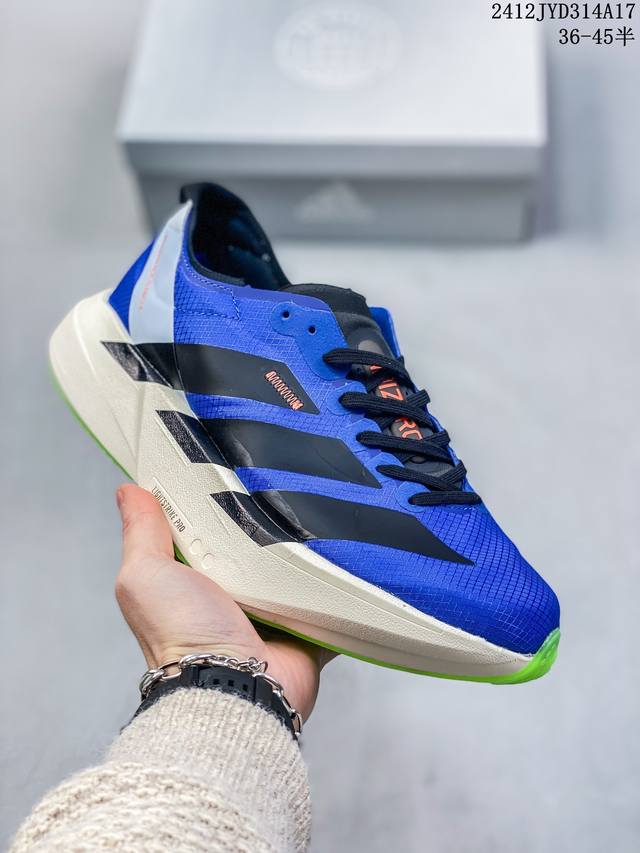 公司级adidas Adizero Adios Pro 4马拉松飞线贾卡轻质透气休闲运动跑步鞋 采用双层透气网纱 Flywire动态飞线绑缚鞋面材质 内置zoo