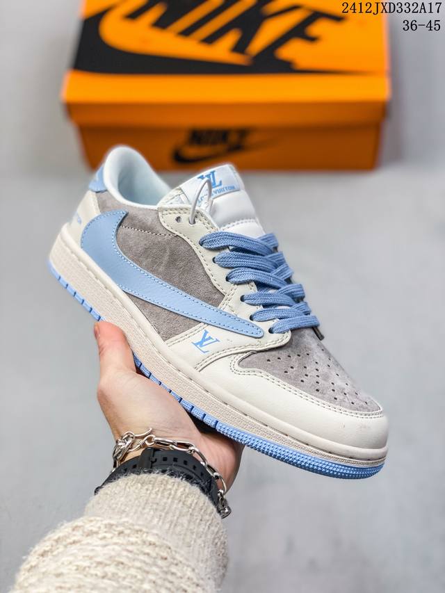 头层带半码 Louis Vuitton X Travis Scott X Air Jordan 1 Low 路易威登 低帮 Lv灰白黑倒勾联名 Aj1 乔丹1代