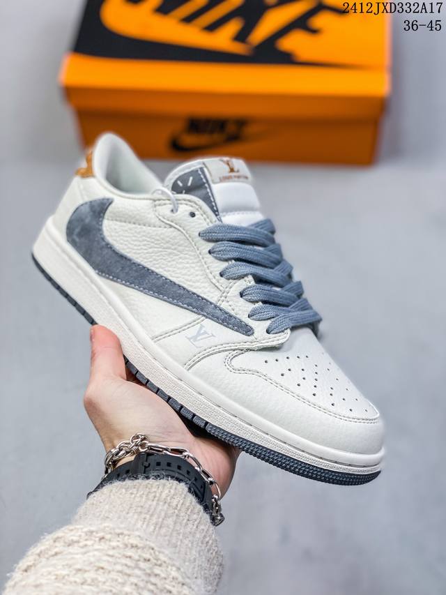 头层带半码 Louis Vuitton X Travis Scott X Air Jordan 1 Low 路易威登 低帮 Lv灰白黑倒勾联名 Aj1 乔丹1代