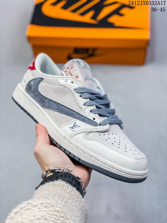 头层带半码 Louis Vuitton X Travis Scott X Air Jordan 1 Low 路易威登 低帮 Lv灰白黑倒勾联名 Aj1 乔丹1代