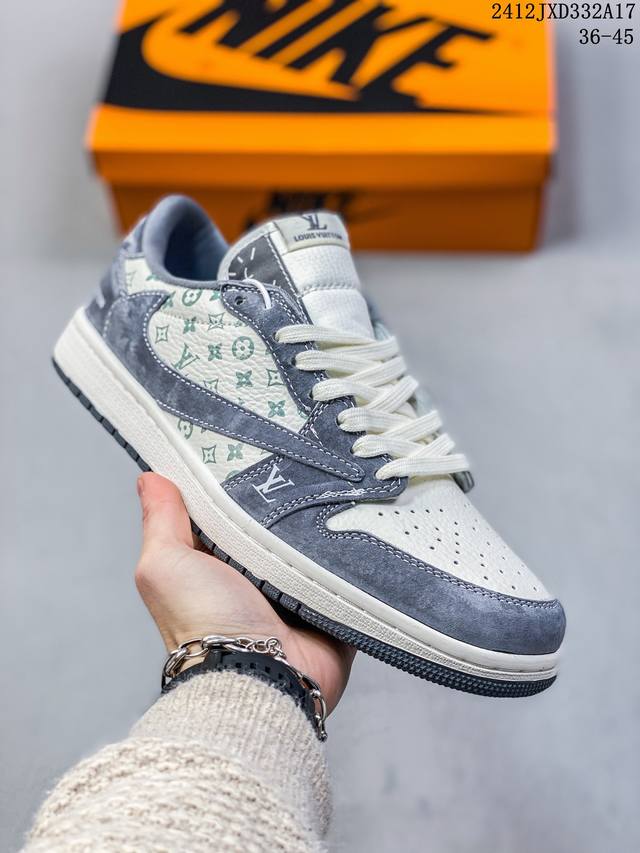 头层带半码 Louis Vuitton X Travis Scott X Air Jordan 1 Low 路易威登 低帮 Lv灰白黑倒勾联名 Aj1 乔丹1代