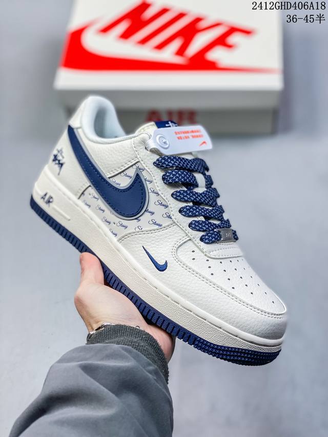 海外限量发售！公司级nike Air Force 1 '07 Low “斯图西联名--深蓝米白”空军一号 低帮 运动鞋 休闲鞋 折边针车 工艺难度大 原楦头原纸