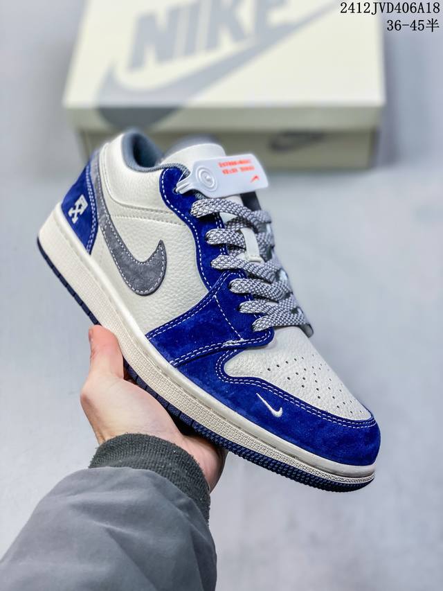 海外爆款限量发售！公司级 Nike Jordan Air Jordan 1 “Off-White联名 骐麟蓝” 高端定制 低帮 复古 减震 防滑 耐磨 篮球鞋