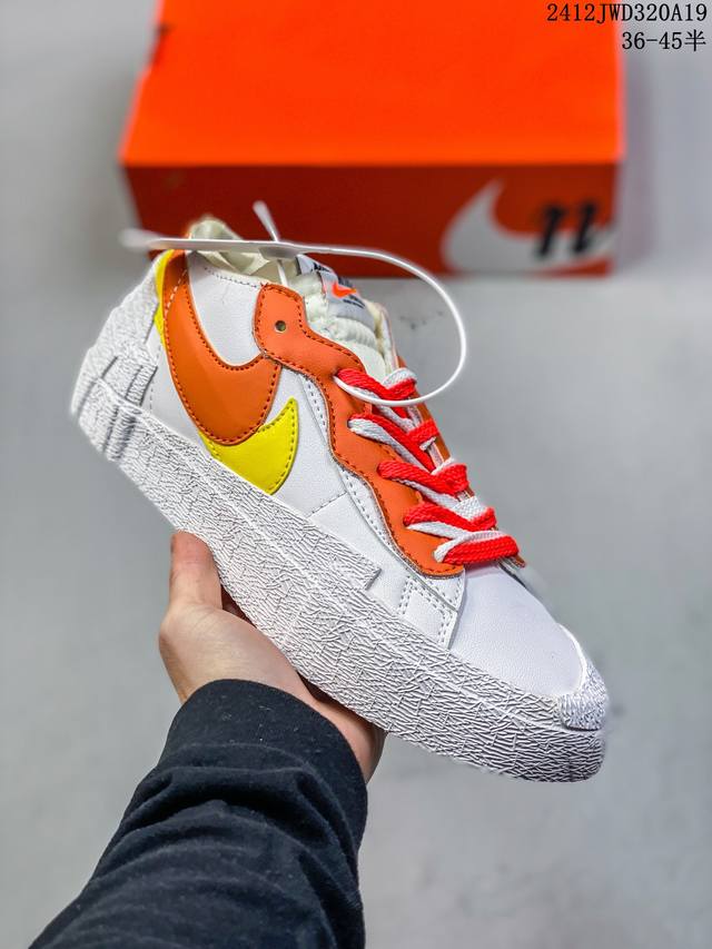 耐克sacai X Nike Blazer Low 重叠设计前卫开拓者低帮百搭板鞋 Sacai X Nike 全新双配色blazer Low 即将登场，有着双色