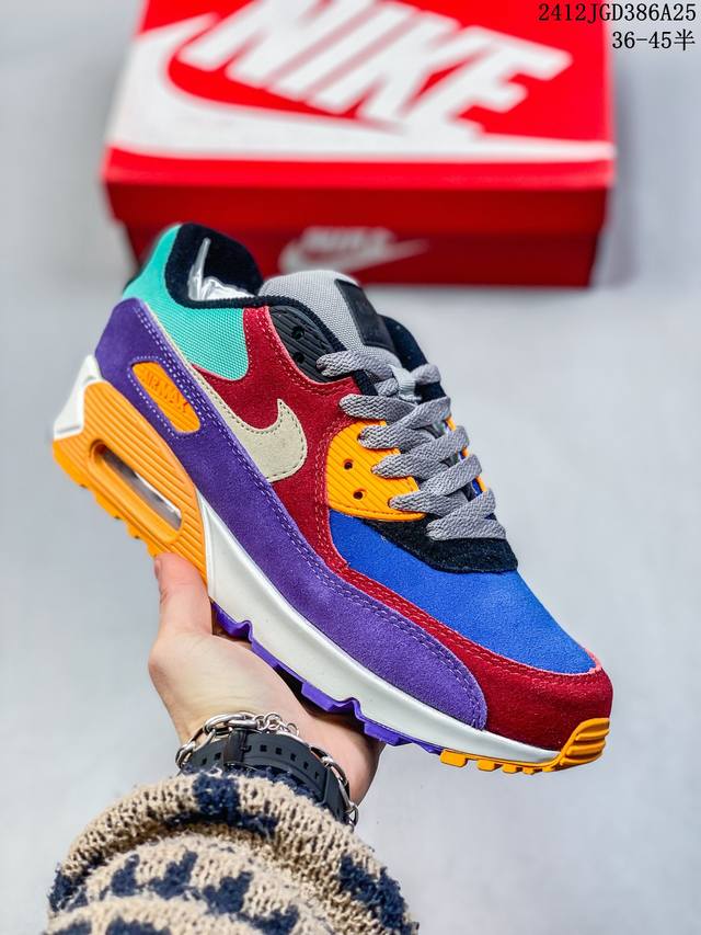 耐克nike Air Max 90 经典复古小气垫缓震跑鞋 鞋面由皮和革织物打造，犀利的条线打造出酷劲十的足视觉效果 网布鞋增面强透气性，穿着为极舒适 经可典视