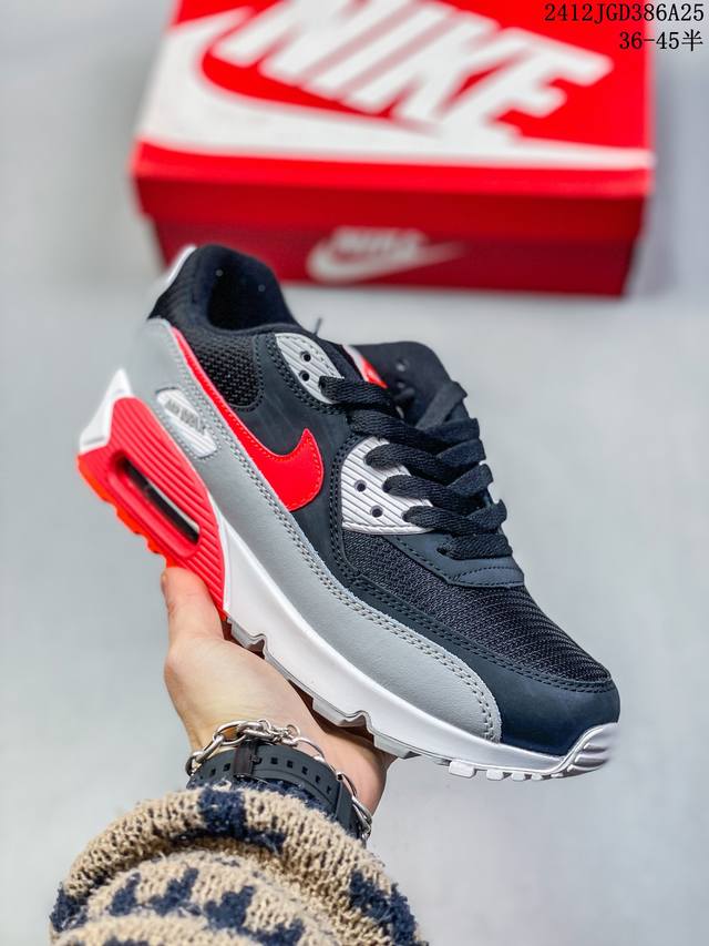 耐克nike Air Max 90 经典复古小气垫缓震跑鞋 鞋面由皮和革织物打造，犀利的条线打造出酷劲十的足视觉效果 网布鞋增面强透气性，穿着为极舒适 经可典视