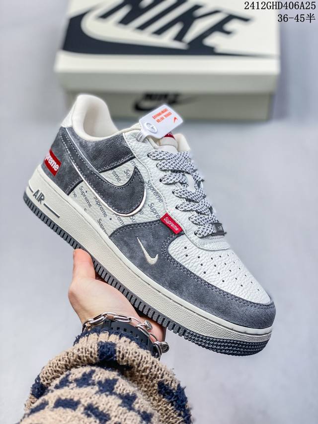 海外限量发售！公司级nike Air Force 1 '07 Low “Supreme联名--灰勾红小标”空军一号 低帮 运动鞋 休闲鞋 折边针车 工艺难度大