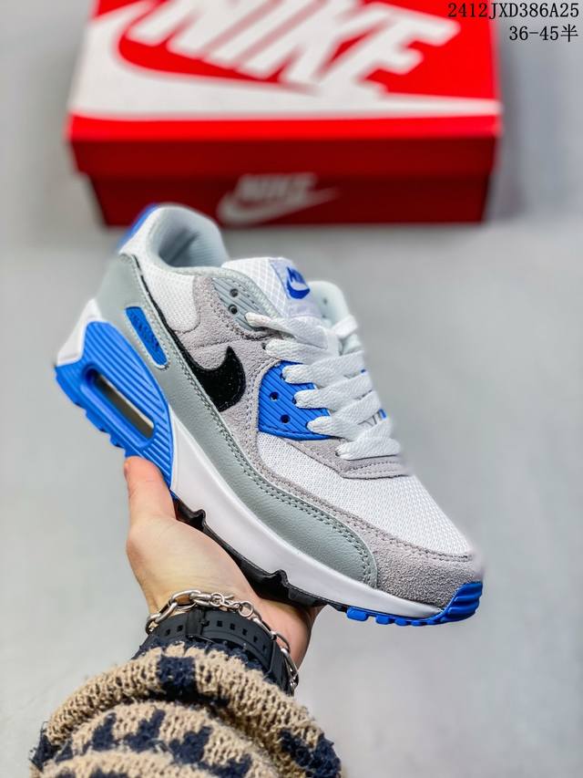 耐克nike Air Max 90 经典复古小气垫缓震跑鞋 鞋面由皮和革织物打造，犀利的条线打造出酷劲十的足视觉效果 网布鞋增面强透气性，穿着为极舒适 经可典视