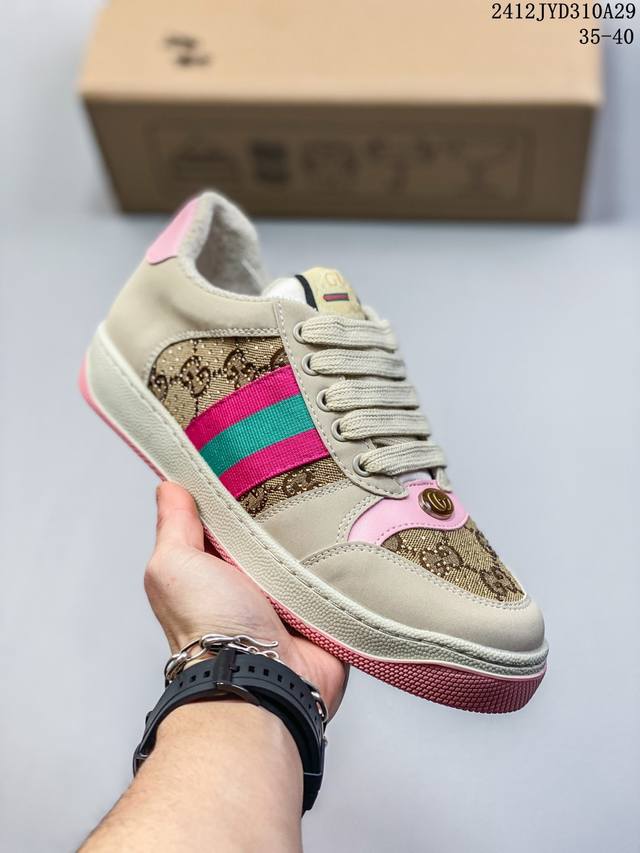 Gucci古驰distressed Screener Sneaker 古驰小脏鞋系列 绿盒版本 经典原型复古百搭做旧小脏板鞋复古学院风 怀旧版！ 尺码：见图 编