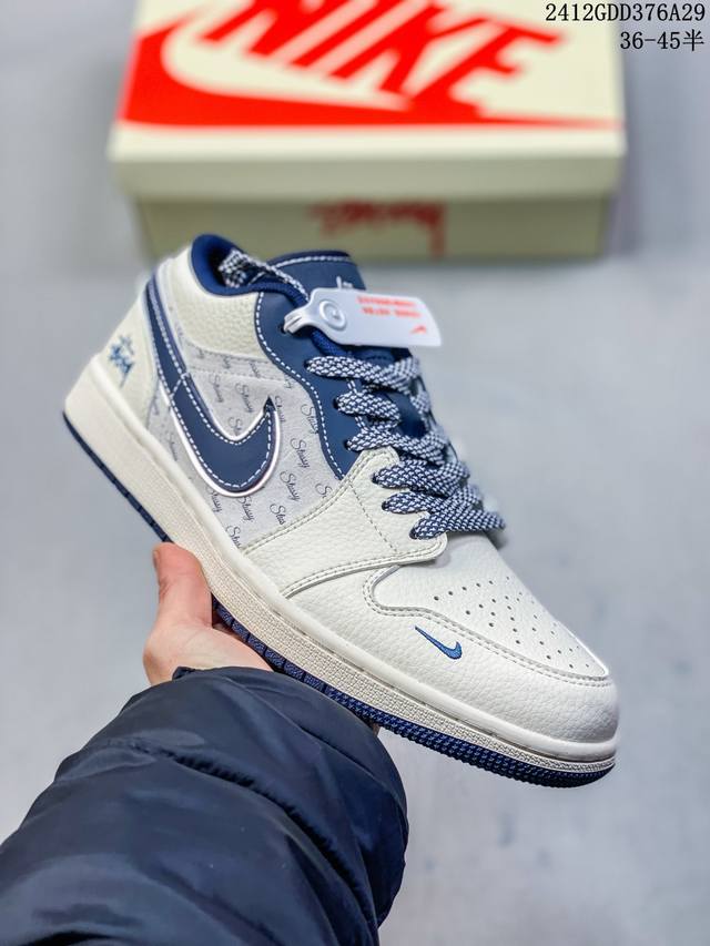 Nike Jordan Air Jordan 1“斯图西联名 米白深蓝” 高端定制 低帮 复古 减震 防滑 耐磨 篮球鞋 定制鞋盒 大厂纯原品质出货 超高清洁度