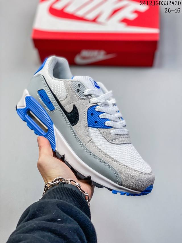 耐克nike Air Max 90 经典复古小气垫缓震跑鞋 鞋面由皮和革织物打造，犀利的条线打造出酷劲十的足视觉效果 网布鞋增面强透气性，穿着为极舒适 经可典视