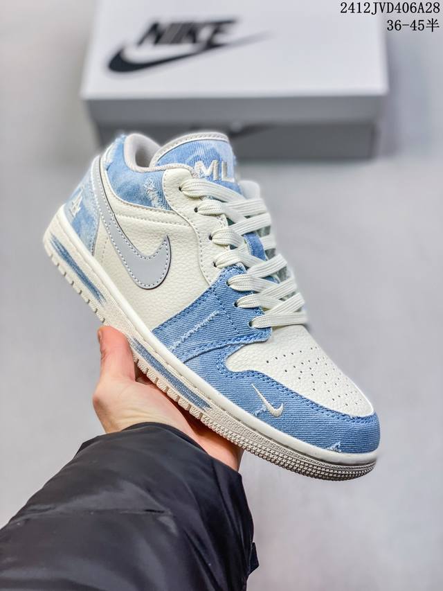 海外爆款限量发售！公司级 Nike Jordan Air Jordan 1 “Mlb联名 复古蓝牛仔” 高端定制 低帮 复古 减震 防滑 耐磨 篮球鞋 定制鞋盒