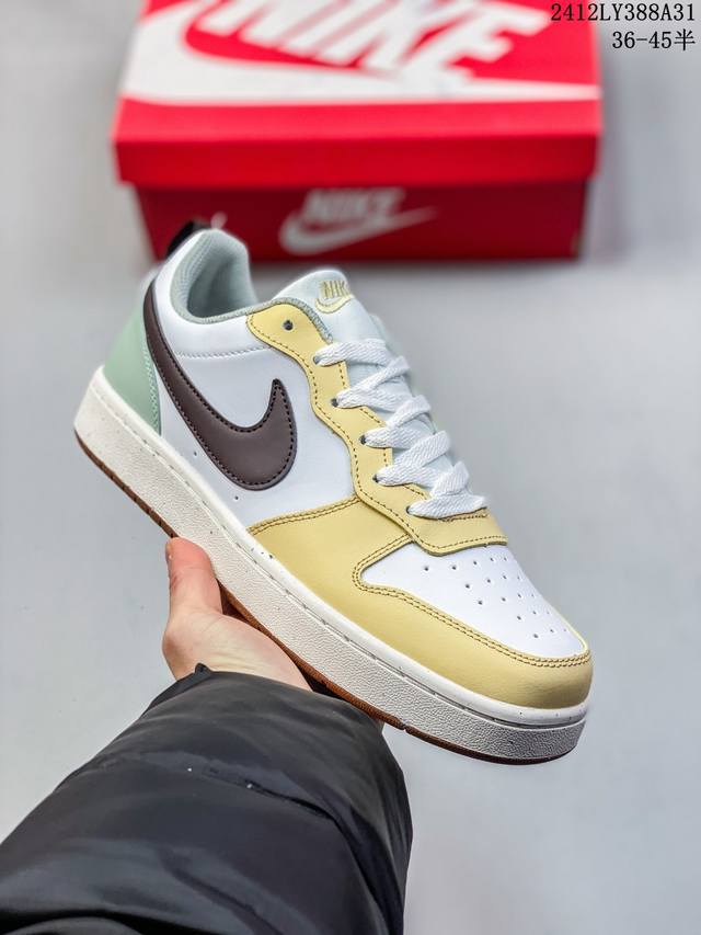 耐克 Nike 男女子运动鞋 Court Borough Low 小空军低帮板鞋。1.其皮革材质的鞋面结合网眼鞋舌，在出众外观与质感的同时提供稳固支撑，并且提升