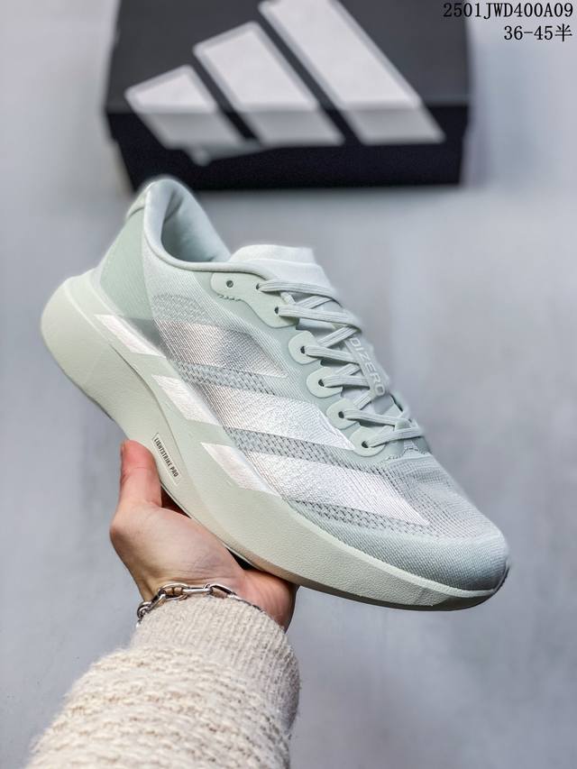 公司级adidas Adizero Adios 4 M马拉松飞线贾卡轻质透气休闲运动跑步鞋 采用双层透气网纱 Flywire动态飞线绑缚鞋面材质 内置zoom小