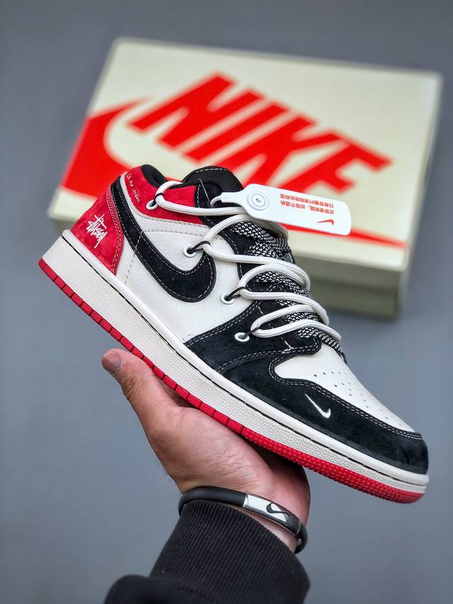 Air Jordan 1 Low Aj1 乔1 斯图西联名-黑红抽绳 高端定制 低帮复古篮球鞋 Sj9950-048 #定制鞋盒 大厂纯原品质出货 超高清洁度