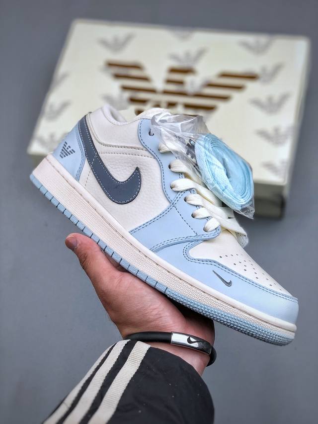 Air Jordan 1 Low Aj1 乔1 阿玛尼联名-冰蓝 高端定制 低帮复古篮球鞋 Wg8850-012 #定制鞋盒 大厂纯原品质出货 超高清洁度 皮料