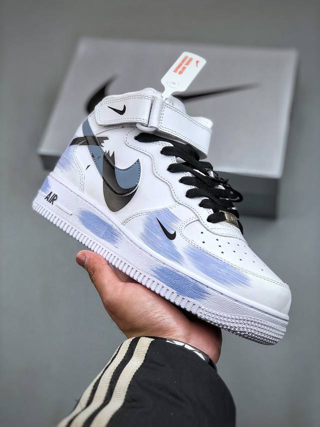 Nike Air Force 1 Mid 07 断裂三钩 白蓝黑原楦头原纸板 打造纯正中帮空军版型专注外贸渠道 全掌内置蜂窝气垫 原盒配件 原厂中底钢印、拉帮完