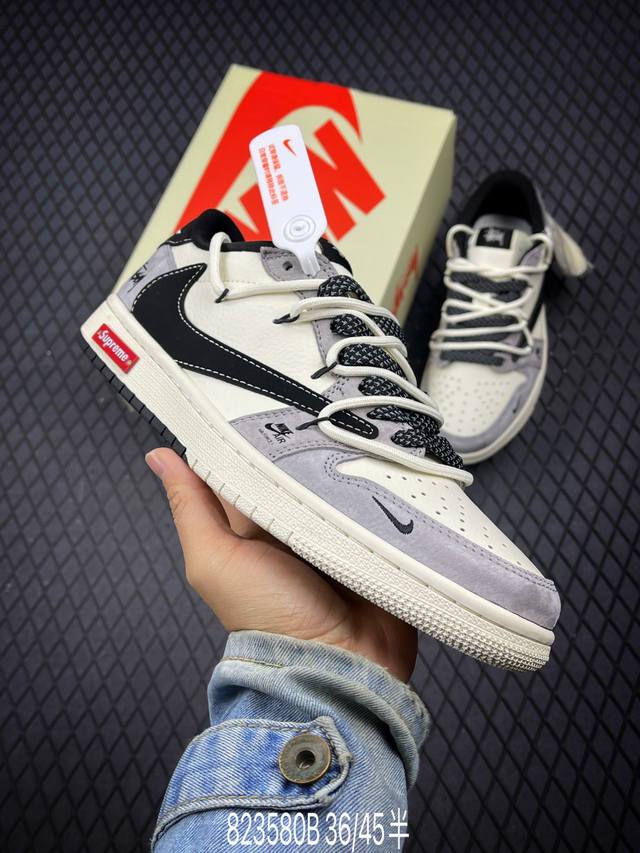 Travis Scott X Fragment Design X Air Jordan 1 Low Og Sp Aj1 斯图西联名-黑勾双拼抽绳 低帮文化休闲板