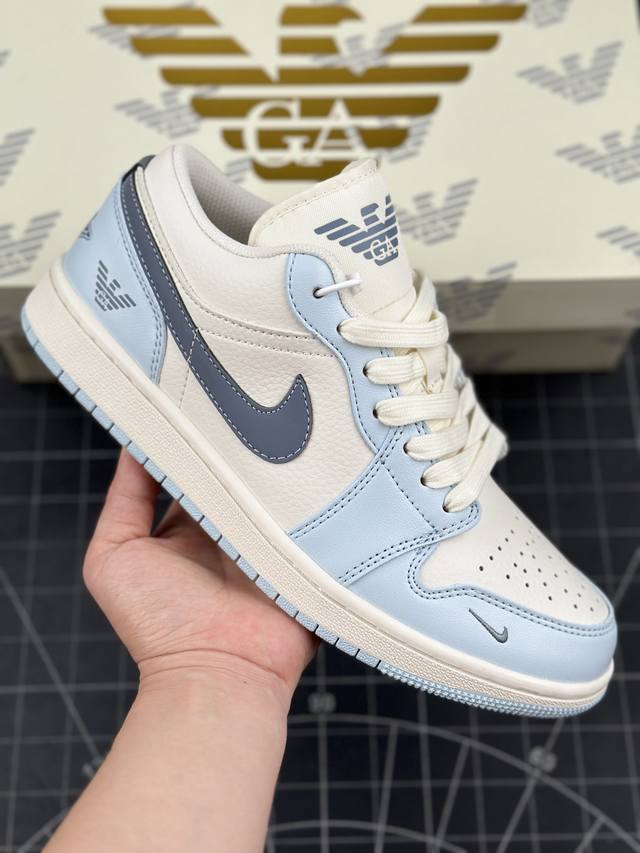 Air Jordan 1 Low Aj1 乔1 阿玛尼联名-冰蓝 高端定制 低帮复古篮球鞋 #定制鞋盒 大厂纯原品质出货 超高清洁度 皮料切割干净无任何毛边 细