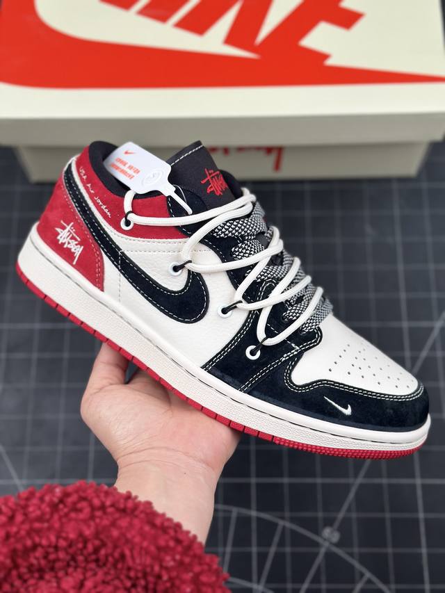 Air Jordan 1 Low Aj1 乔1 斯图西联名-黑红抽绳 高端定制 低帮复古篮球鞋 #定制鞋盒 大厂纯原品质出货 超高清洁度 皮料切割干净无任何毛边