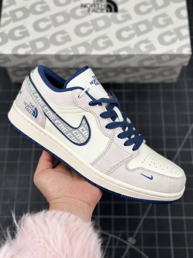 Air Jordan 1 Low Aj1 乔1 北面联名-灰猪八蓝底 高端定制 低帮复古篮球鞋 #定制鞋盒 大厂纯原品质出货 超高清洁度 皮料切割干净无任何毛边