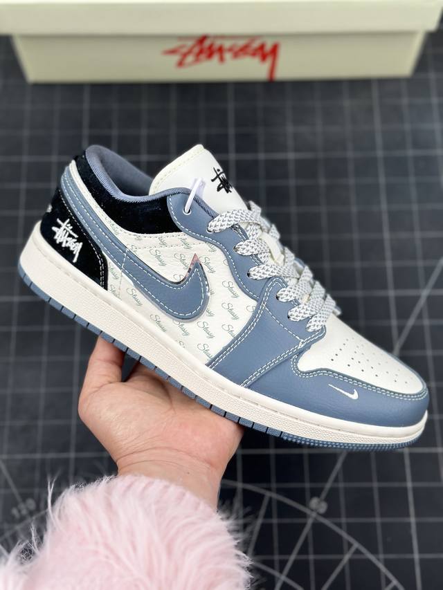 Air Jordan 1 Low Aj1 乔1 斯图西联名-灰勾英文 高端定制 低帮复古篮球鞋 #定制鞋盒 大厂纯原品质出货 超高清洁度 皮料切割干净无任何毛边