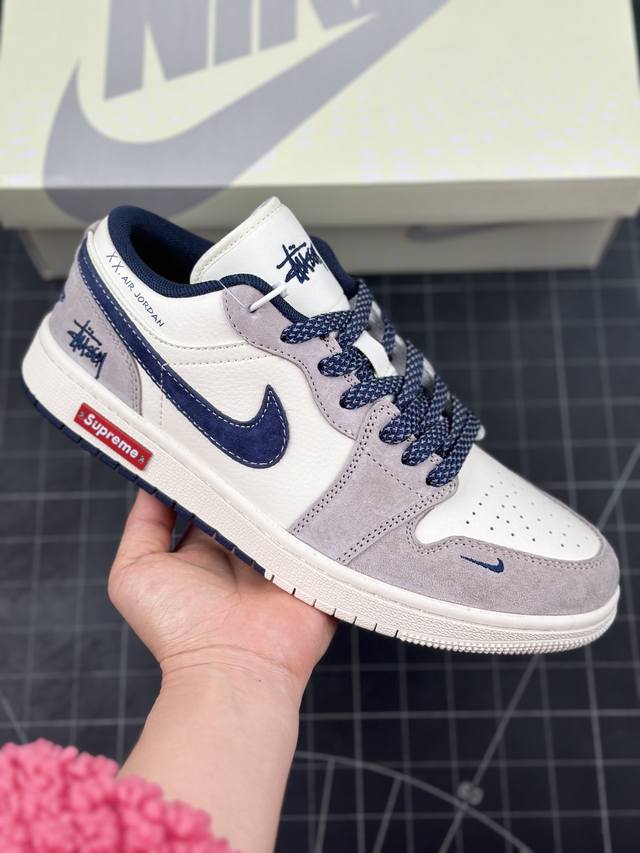 Air Jordan 1 Low Aj1 乔1 斯图西联名 蓝翻毛勾 高端定制 低帮复古篮球鞋 #定制鞋盒 大厂纯原品质出货 超高清洁度 皮料切割干净无任何毛边