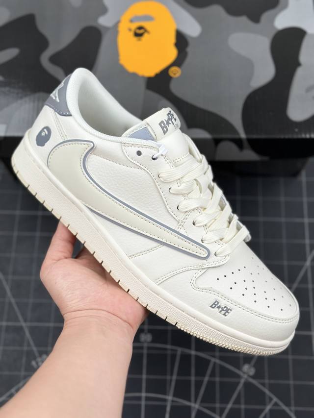 Travis Scott X Fragment Design X Air Jordan 1 Low Og Sp Aj1 乔1 Bape联名-米白灰边 低帮文化休