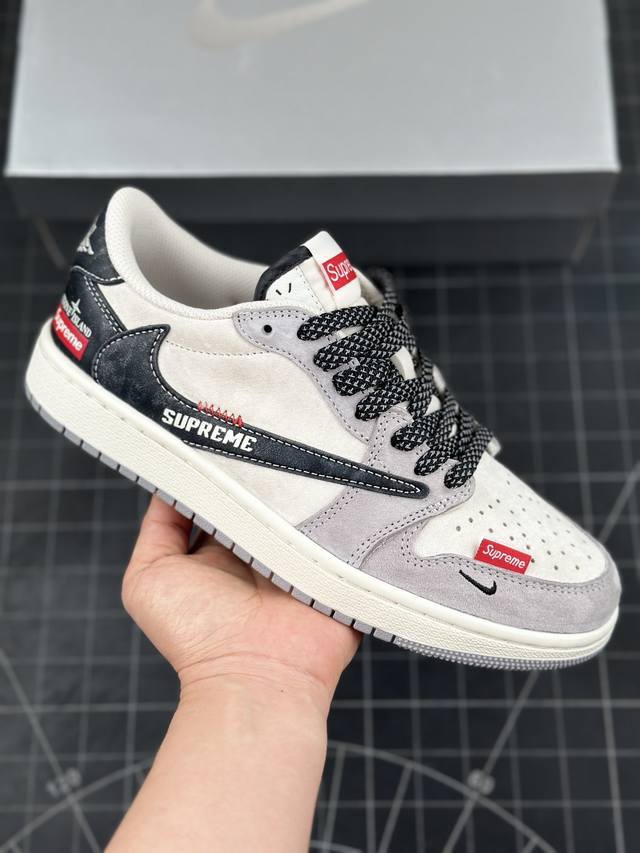 Travis Scott X Fragment Design X Air Jordan 1 Low Og Sp Aj1 乔1 石头岛sup联名 漆皮灰猪八 低帮