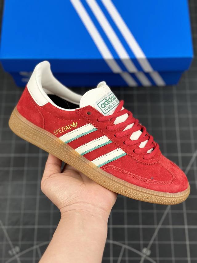 阿迪达斯adidas Originals Handball Spzl 手球运动员系列百搭休闲运动板鞋“翻毛红白生胶底” #男女鞋半码制#原楦原纸版开发#采用纤维