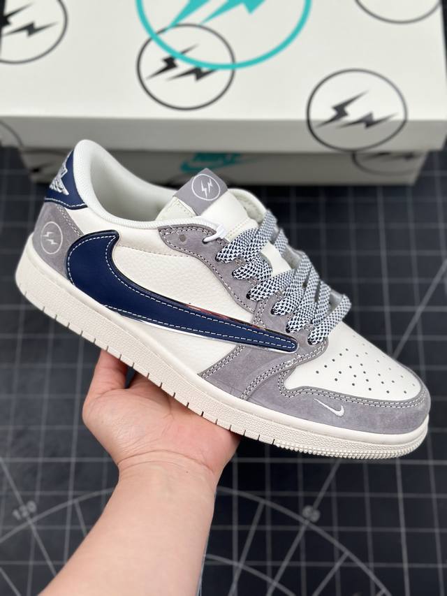 Travis Scott X Fragment Design X Air Jordan 1 Low Og Sp Aj1 乔1 闪电联名 米灰蓝勾低帮文化休闲板鞋