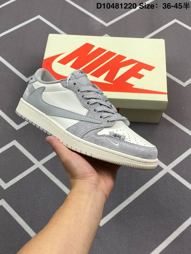 头层带半码 Louis Vuitton X Travis Scott X Air Jordan 1 Low 路易威登Lv X Aj1 低帮 浅灰牛仔倒勾联名 A